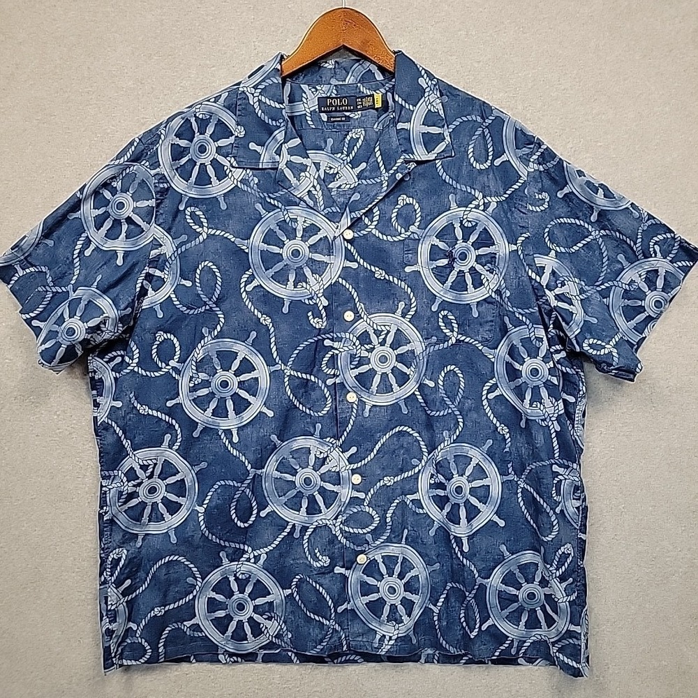 Polo Ralph Lauren Camp Shirt Mens XXL Classic Blue Nautical Ship Wheels Ropes SS